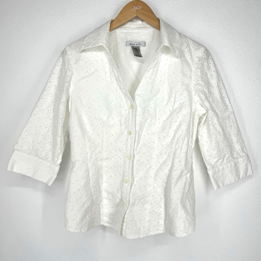 Vintage Nine West Eyelet Button Up Shirt‎ Womens 4 White Embroidered Cottagecore